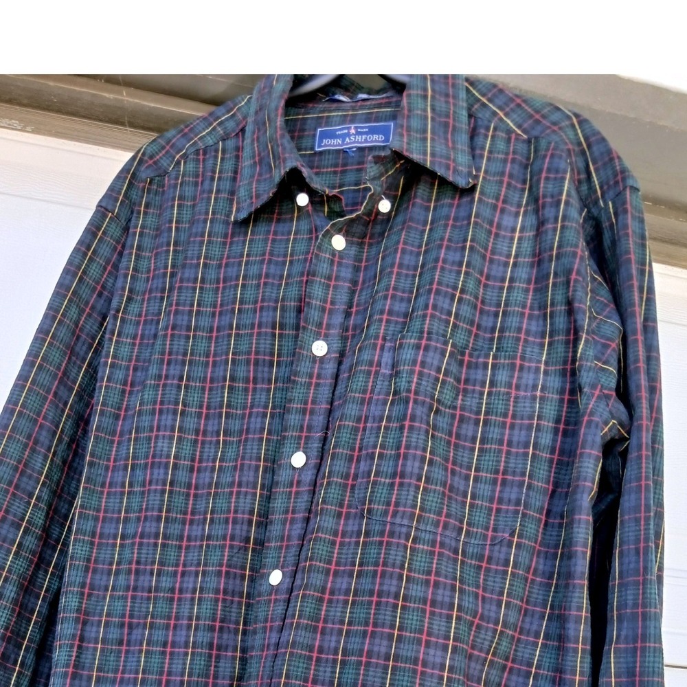 John Ashford Plaid Forest Green Button Down Shirt‎ Mens XL Good Long Sleeve